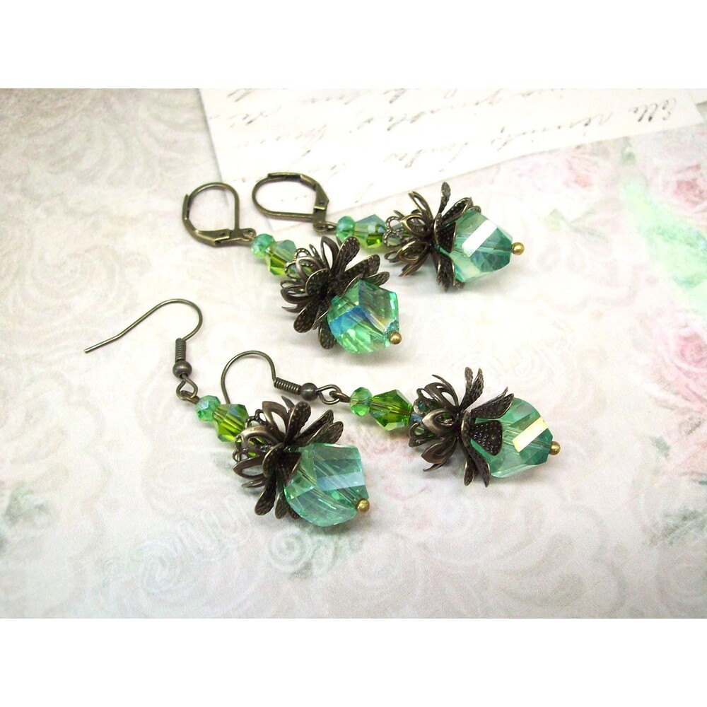 Art Nouveau Earrings Vintage Style, Green Crystal, Antique Bronze, Artisan Craft